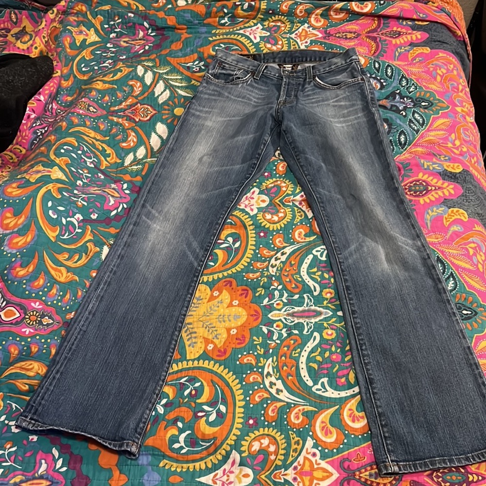 🍀LUCKY "GOOD LUCK TO THE OWNER" VINTAGE BLUE JEANS Y2K RARE 28 X 31 AMAZING